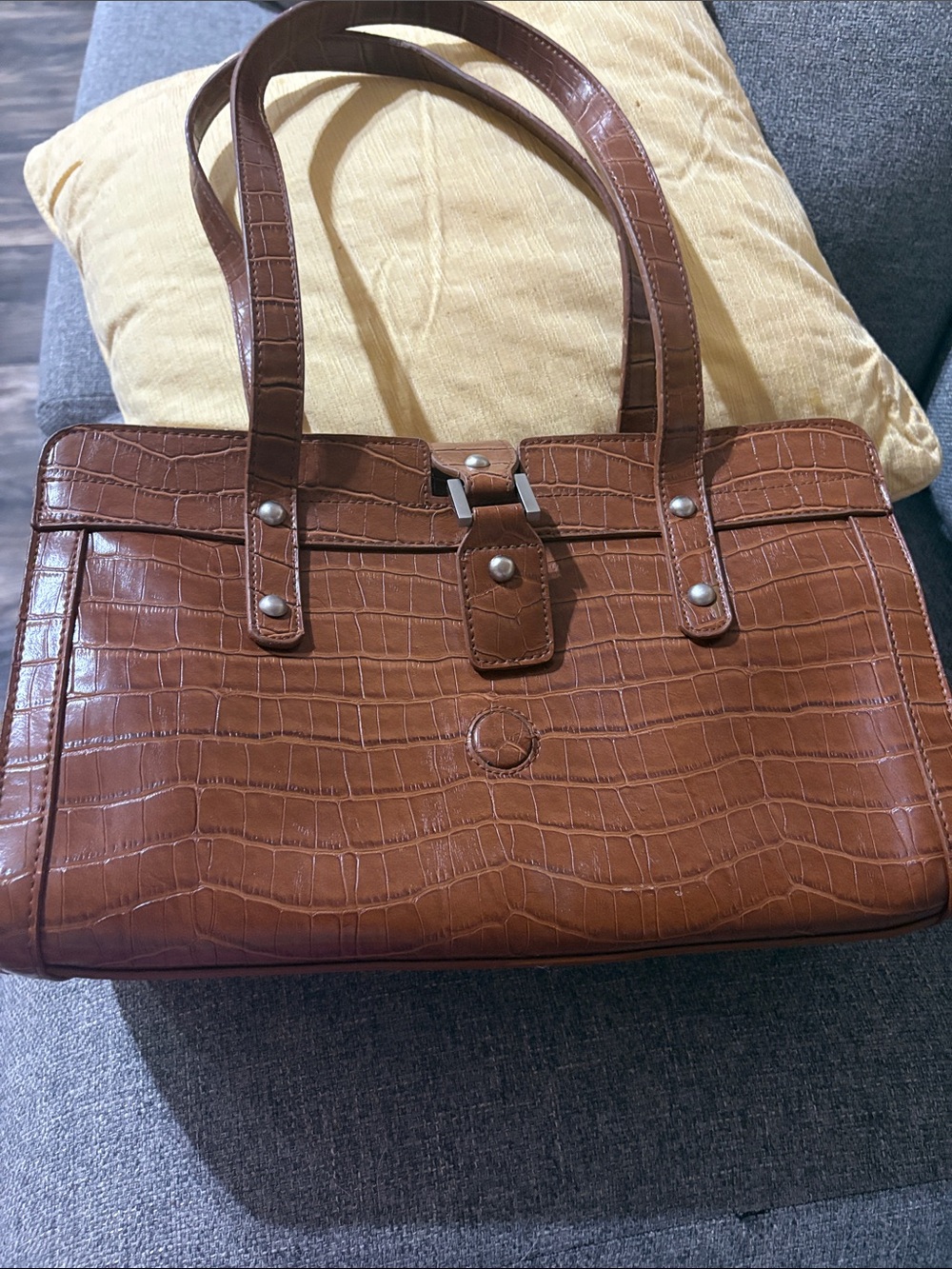 Bueno Brown Croc-Embossed Leather Shoulder Tote